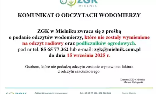 prosimy o podanie odczytów wodomierzy do dnia 15 września 2025 r. 