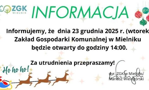 skrócone godziny pracy w dniu 23 grudnia - do 14:00