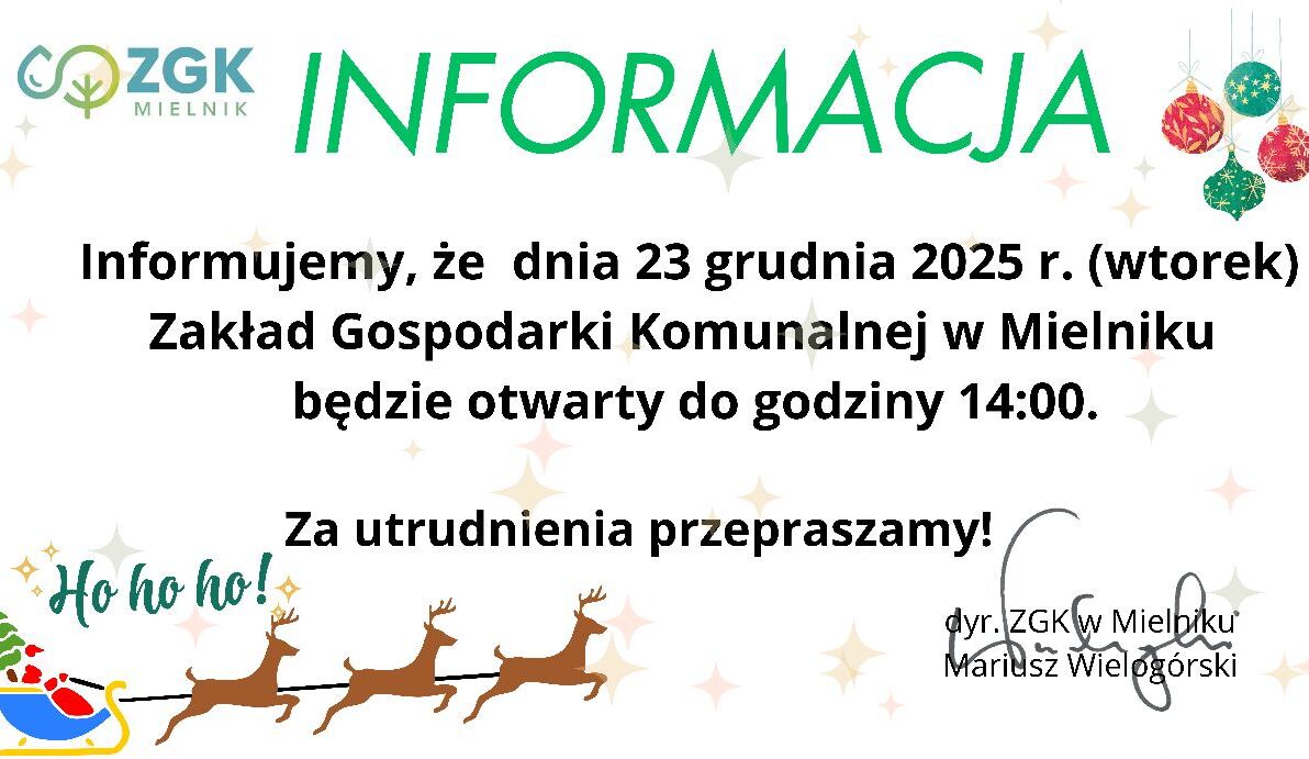 Zdjęcie do Skr&oacute;cone godziny pracy w dniu 23 grudnia 2025 r. 