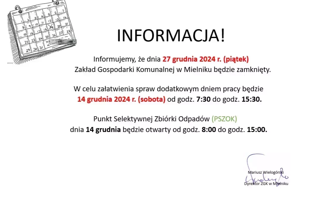 Zdjęcie do 27 grudnia 2024 r. dniem wolnym od pracy