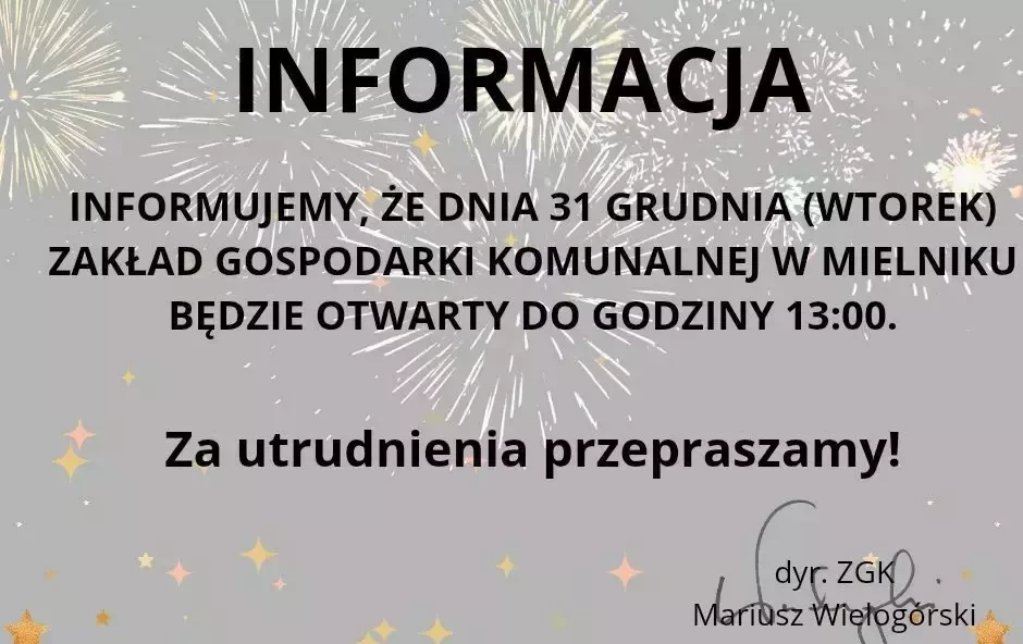 Zdjęcie do Skr&oacute;cone godziny pracy w dniu 31 grudnia 2024 r. 